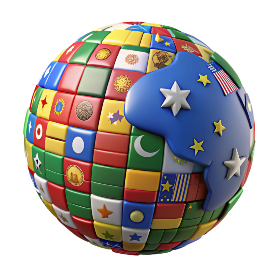 Global services , flags from around the world wrapped on a globe